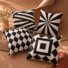 Linen Black and Off-White Printed Cushion Covers Pack of 4