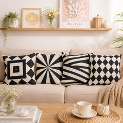Linen Black and Off-White Printed Cushion Covers Pack of 4